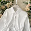 Jesień Biuro Lady Notched Collar Button Koszula Top Eleganckie Potargane Stałe Asymmetryczne 210423