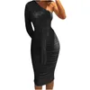 Casual Dresses 2021 Women Solid Sheath Body-con One Shoulder Fashion Long Sleeve Ruched Wrap Dress Sexy Robe Femme252A