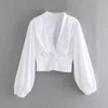 Kobiety Eleganckie Białe Przyciski Dekoracyjne Plised Cropped Bluzka Solid V-Neck Elastyczna Talia Vintage Z Długim Rękawem Chic Kobiet Topy 210521