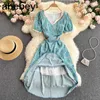 Women Bohemain Floral Dress Sweet Elegant Lace V Neck Puff Sleeve A-line Dresses Summer Korean Vacation Print Sundress 210715