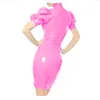 Plus Storlek Sexig High Neck PVC Mini Dress Kvinnor Kort Puff Sleeve Bodycon Dress Fashion Skinny Vestido Wet Look Party Clubwear 210331