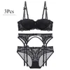 Thin Cotton Lace Sexy Comfortable Breathable Bra Set 3 Piece Bra+Panties+Garter X0526