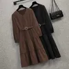 office ladies elegant Corduroy dress with belt women long sleeve french vintage korean dresses spring autumn A-line vestido 210604
