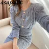 Asapgot Fashion Korea Chic Elegant Round Neck Twist Pink Cardigan Sweater Slim High Waist Sticka Kjolar Vinter Sweet Sets Wild 210610