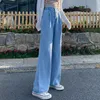 Vår sommar Kvinnors Koreanska Is Skil Vintage Plus Storlek Lång Denim Solid All Match Hög Midja Straight Thin Pants B14109X 210416