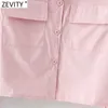 Women Safari Style Long Sleeve Pink Color Short Shirt Female Simply Double Pockets Blouse Roupas Chic Chemise Tops LS9062 210416