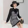 LLZACOOSH Autumn And Winter Sexy See-through Mesh tweed Dress Ribbon Bow Single-breasted Long Sleeve Chic Ruffles Dress 210514