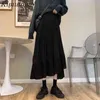 Kimutomo High Waist Skirt Women Autumn Winter Solid Wild Irregular Pleated A-line Midi Skirts Ladies Black Mermaid Elegant 210521