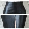 Aachoee Black Pu Couro Saia Mulheres Midi Sexy Cintura Alta Bodycon Split Skirt Escritório Lápis Saia Jone Comprimento Plus Tamanho 210721