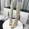 2021 Zipper Designer Lår-High Boots Kvinnor Mode Cowhide Läder Elastik Över Knee Boot 7.5cm Chunky Heels Martin Booties