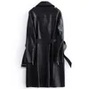 Lautaro Autumn Black Long Faux Leather Jacket Women with Many Pockets Zipper Belt Lapel Spring Leather Trench Coat for Women 210908