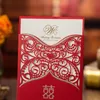 (20 pièces/lot) carte d'invitation de mariage rouge chinois fleur coupée au Laser Invitations d'anniversaire de fiançailles or avec enveloppe CX060R