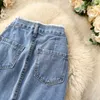Foamlina Long Denim Skirt for Women Korean Fashion Vintage Tassels High Waist Single Breasted A-line Jeans with Pockets 210621