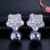 Fashion OL Style Silver Color Cubic Zirconia Setting Large Flower Stud Earrings with Pearls Jewelry for Women CZ282 210714