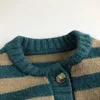 autumn and winter toddler sweater children's pullover single-breasted blue round neck striped cotton cardigan 210701