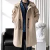 Legible Spring Autumn Trench Coat Men Casual Long Trench Man Solid Long Coat Male Hooded Men's windbreaker 211011