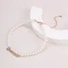 Lacteo Bohemian Shiny Rhinestone Letters Pendant Jewelry for Women 2020 Fashion Imitation Pearl-Chain Choker Necklace