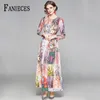 Vestido largo de diseñador de pasarela de otoño con cinturón elegante para mujer de oficina estampado de flores vestidos largos hasta el suelo vestido de mujer 210520