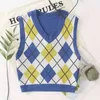 Argyle malha camisola colete azul casual sem mangas streetstyle colhido camisola pulôveres outono inverno v neck tops 210415