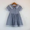 Girl's Dresses 2021 Summer 2-16T Years Children Short Sleeve Bow Sailor Collar Navy Blue White Patchwork Little Kids Girls Dress