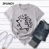 JFuncy 2021 Summer 100% Bomull Kvinnor T-tröja Plus Storlek S-5XL Grafisk Tees Kortärmad Kvinnlig Toppar Gullig Hedgehog Tryckt T-shirt Y0629