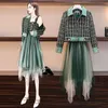 Fashion Green Patchwork Mesh Dress Autumn Winter Women Tweed Short Jacket and Spaghetti Strap Plaid Tulle Dresses 210416