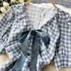 Fransk stil Kvinnors Klänning Vintage Plaid Print Bow-Tied V-Neck Puff Short Sleeve Hög midja Mini Chic Summer ES 210603