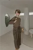 Wrap Yüksek Bel Bayanlar Kahverengi Etek Kore Tarzı Güz Uzun MIDI Kadın Tasarımcı Moda Giyim 210427