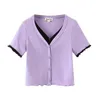 Estate Rib lavorato a maglia Falso 2 pezzi Manica corta T-shirt da donna Vintage con scollo a V Ombelico esposto Maglieria T-shirt Top 210429