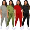 Women Two Piece Set Tracksuits Casual Solid Round Neck Short Sleeve Tight Long Pants Suit Nightclub Plus Size Women Clothing A001