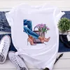 Kadınlar Kısa Kollu T-Shirt Beyaz Üstler Yüksek Topuk Ayakkabı Baskılı Tshirt Kadın Yaz Tee Femme Moda Giyim