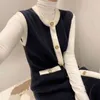 Coreano elegante vintage tejido chaleco largo mujeres de un solo pecho o-cuello abrigo moda damas color bloqueado femme 210513