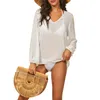 Robe de plage d'été pour femmes, transparente, résistante au soleil, couleur unie, manches bouffantes, col en V, une pièce, maillots de bain pour femmes