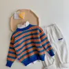 Suéter infantil outono menino contrastante cor bebê listrado em torno do pescoço suéter bebê menino roupas 210515