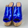 سونتيك المرأة منصة البغال الصنادل أسافين عالية الكعب الصنادل المفتوحة تو رائع معدني الأزرق اللباس أحذية النساء الولايات زائد الحجم 5-20