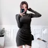 Vestido ajustado de longitud media estilo primavera coreana con cuello alto y dobladillo irregular moda fina sexy fiesta de oficina para mujeres vestidos 210602