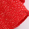 Kobiety Słodki Polka Dot Crop Bluzki Slash Neck Rękawem Puff Rękaw Regulowane Sznurki Koszulki Chic Czerwone Topy Blusas 210430