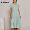 Donna O Collo Stampa floreale Boho Abiti Ruffles Elastico in vita Chic Midi Summer A Line Abito manica corta Vestidos 210413