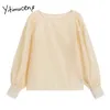 Yitimuceng Blus Kvinnor SHIRTS GAZZE LOUSE SOLID SHORT O-Neck BRAP Långärmad puffhylsa Mode Kläder Toppar Kontor Lady 210601