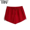 TRAF Mulheres Moda Patchwork Trims Shorts Cintura alta vintage com cordão feminino calças curtas mujer 210415