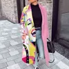 Padrão vintage inverno T Long Cardigan Casaco De Moda Lapela De Bolso Solto Outerwear Outono Mulheres Manga Casual Casacos 211110