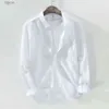 Högkvalitativ stil mens långärmad linne skjortor Casual solid färg lapel bomull mode slim toppar
