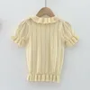 Baby Girl Hollow Out T-shirt Summer Kids Short Sleeve Lotus Leaf Collar Knit Infant Clothes 210429