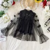 Mulheres de mangas compridas soltas lace tops 3d borboleta malha cor sólida blusa elegante blusas mujer de moda j939 210527