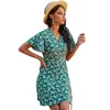 Summer V-neck A-Line Dress For Holiday Boho Short Sleeve Printed Dress Fashion Butterfly Sleeve High Waist 210712