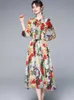 Luxury Brand Runway Summer Dress Women High Street Vintage Floral Printed Bow Collor Midi Clothing Robe 210529