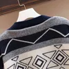 Women Sweater Knitted V Neck Cardigan Button Navy Blue Geometric Oversize Autumn Fall Warm M0280 210514