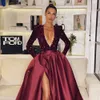 Glitter Burgundy Sequined Formal Evening Dresses Long Sleeve A Line Side Slit Shiny Prom Party Dress Satin Full Length Sexy Sparkl3567383