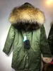 Parka d'hiver pour femme, garniture en fourrure de raton laveur marron, marque Meifeng, kaki blanc, doublure en fourrure de coyote, veste longue en toile verte armée, 2021