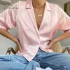 Summer Women Satin Blouse Short Sleeve Pink Solid Casual Shirt Sexy Tops 210415